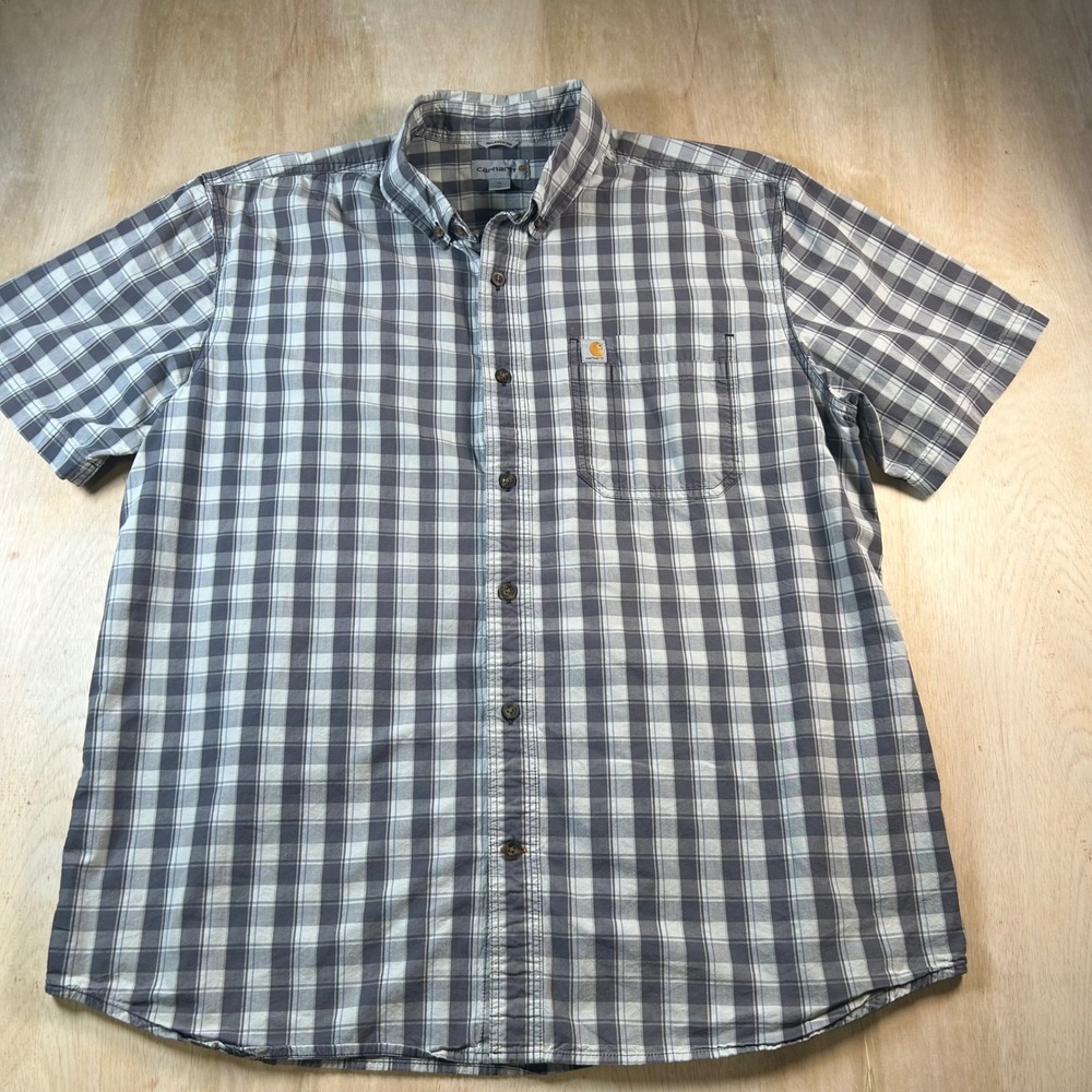 Carhartt Mens XL Relaxed Fit Plaid Short Sleeve Button Down Shirt Grey Blue